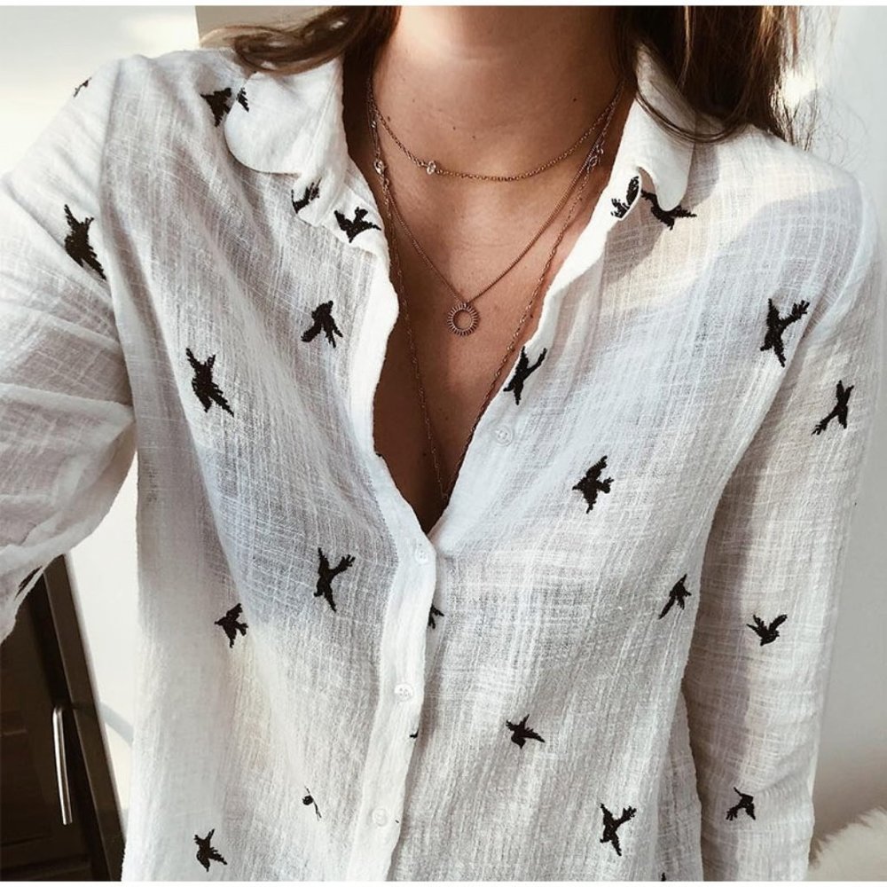White Ruffle Bird Print Long Sleeve Shirt - Picture 3 of 10